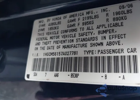 2007 Honda Accord 2.4 Vp z USA, uszkodzony, nr VIN 1HGCM56157A027781